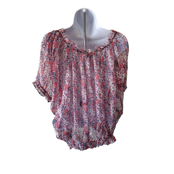 Et Vous Peasant Blouse S Red White Blue Floral Sheer Lightweight Romantic Boho - Picture 2 of 5